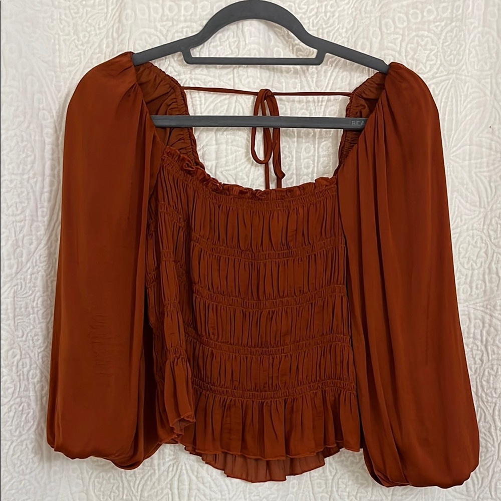 Lucy Paris Orange Smocked Puff Sleeve Blouse